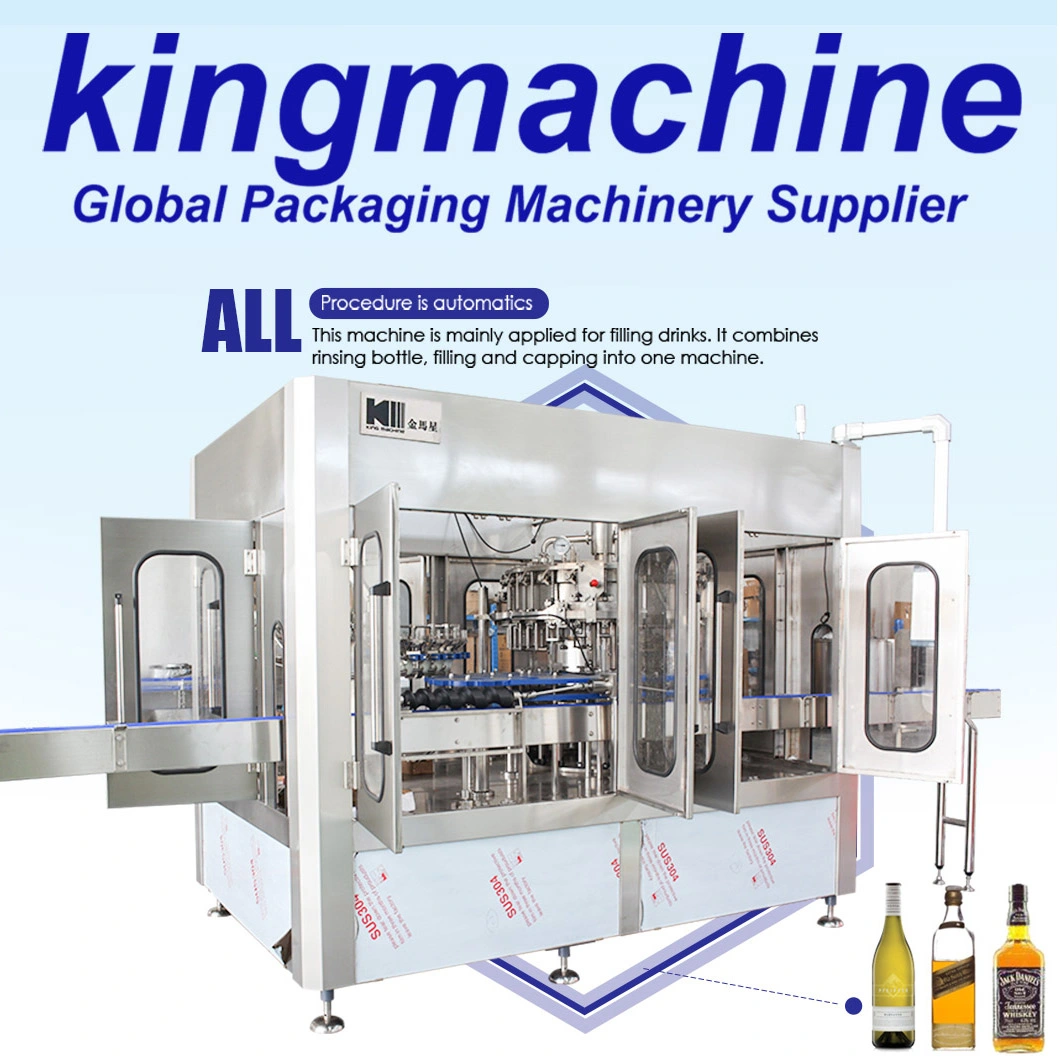 Full Automatic Glass Bottle Liquid Alcohol Drink Whisky Vodka Washing Filling Capping Red Grape Wine Spirits Liquor Bottling Sealing Labeling Packaging Machine